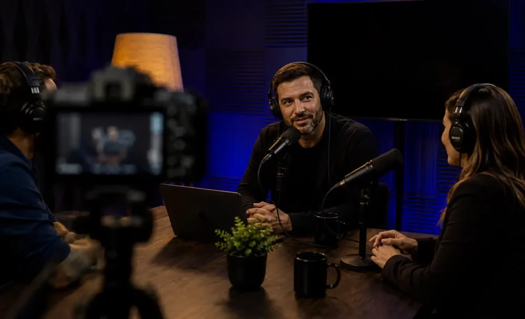 Cenário de Gravação de Podcast com apreentador e convidados